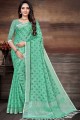 Printed,lace border Linen Saree in Green