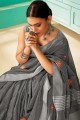sari gris en lin brodé avec chemisier