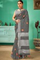 sari gris en lin brodé avec chemisier