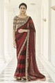 sari en soie d'art avec fil, brodé en rouge