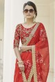 zari, sari de soie d'art brodé et imprimé en rouge