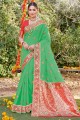 fête vert mer porter sari en coton avec tissage