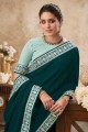sari en mousseline de soie chinon turquoise avec fil, miroir, brodé