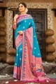 sari bleu ciel en soie banarasi avec tissage