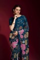 georgette sari en bleu avec brodé