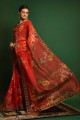 sari en georgette rouge avec bordure en dentelle brodée