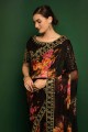 Georgette brodée, sari noir imprimé avec chemisier