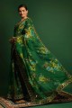 sari vert avec georgette brodée et imprimée