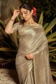zari,tissage sari en soie tussar beige avec chemisier