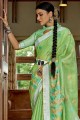 sari banarasi vert lin en resham, brodé, bordure en dentelle