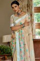 sari banarasi en lin avec resham, broderie, bordure en dentelle beige