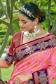 zari,brodé,tissage sari banarasi rose en soie avec chemisier