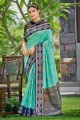 banarasi sari en soie vert d'eau avec zari, brodé, tissage