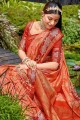zari orange,brodé,tissage sari banarasi en soie