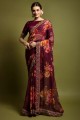 georgette sari en vin avec brodé, imprimé