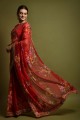 sari rouge avec georgette brodée et imprimée