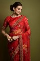 sari rouge avec georgette brodée et imprimée