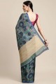 sarcelle sari en coton avec imprimé