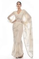 fil, georgette brodée robe de fête sari en blanc avec chemisier