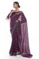 fil, brodé fête porter sari en georgette de vin