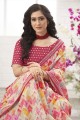 miroir en mousseline de chinon, brodé, saris rose imprimé avec chemisier