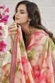 sari en mousseline de soie chinon rose avec miroir, brodé, imprimé
