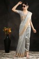 saris gris avec zari, tissage, dentelle bordure soie