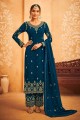 costume pakistanaise palazzo bleu sarcelle brodé en fausse georgette avec dupatta