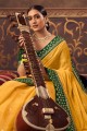 sari jaune avec zari, pierre, mousseline de chinon brodé