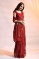 robe de soirée en georgette rouge avec sari brodé