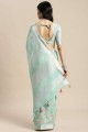 Resham, sari en lin brodé et bordure en dentelle vert d'eau avec chemisier