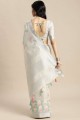 sari blanc cassé en lin resham, brodé, bordure en dentelle