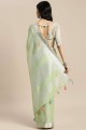 sari resham, brodé, bordé de dentelle en lin vert clair