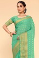 sari karva chauth turquoise avec tissage georgette et soie
