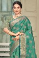 zari, tissage coton, soie et organza vert d'eau karva chauth sari avec chemisier