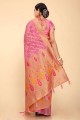 sari en coton, soie et organza rose avec zari, tissage