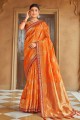 banarasi soie banarasi sari en orange avec tissage, bordure en dentelle