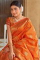 banarasi soie banarasi sari en orange avec tissage, bordure en dentelle