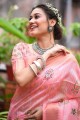 imprimé rose, bordure en dentelle sari en soie
