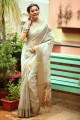 sari gris en soie imprimé à bordure en dentelle avec chemisier