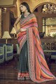 fil, brodé, imprimé georgette marron sari avec chemisier