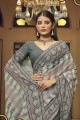 sari en georgette grise avec fil, brodé, imprimé