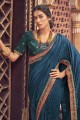 resham, zari, miroir, sari de soie brodé en bleu royal avec chemisier