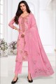 Salwar kameez en coton imprimé et satin rose