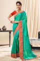 sari en soie turquoise avec resham, zari, brodé