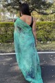 sari vert d'eau avec organza brodé et imprimé numérique