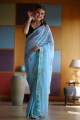 sari en georgette imprimé bleu ciel avec chemisier