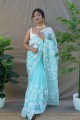 Fil d’organza, saris bleu ciel brodé avec chemisier