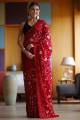 fil, sari brodé en georgette rouge