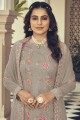 costume pakistanais imprimé en fausse georgette grise avec dupatta